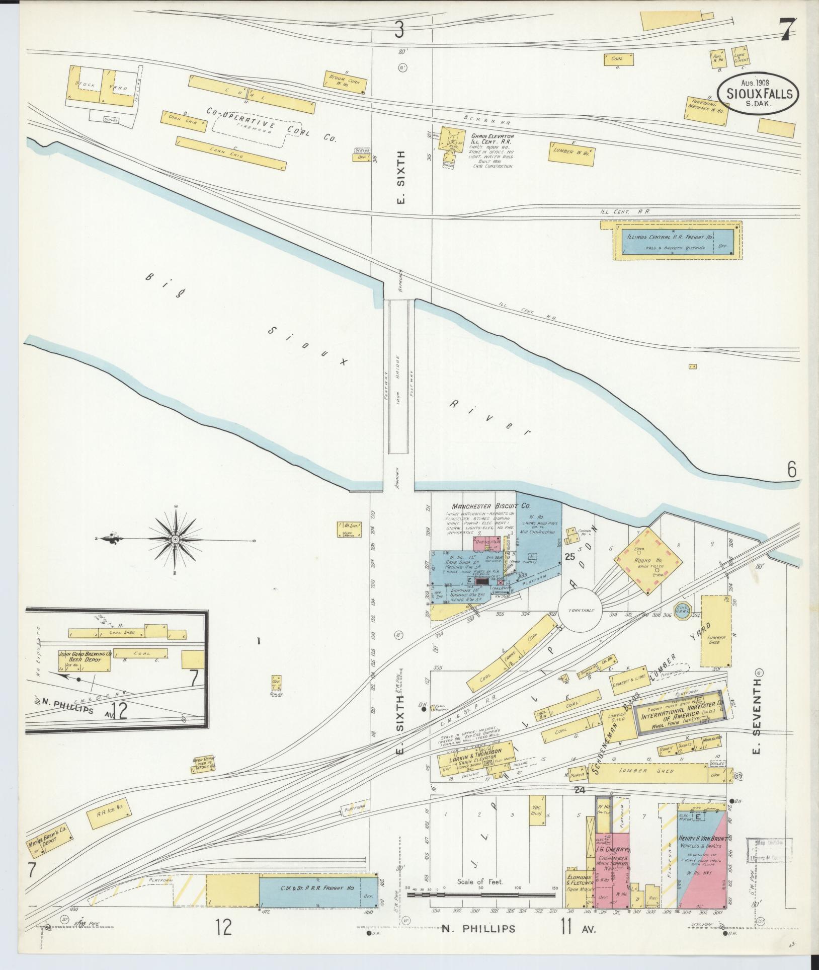 Sanborn Fire Insurance Map from Sioux Falls, Minnehaha County, South Dakota (1908), Sheet #0007 - Complete Map Set gallery image, historic Sanborn map, vintage wall art, South Dakota South Dakota