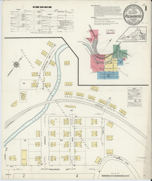 Sanborn Fire Insurance Map from Pocahontas, Tazewell County, Virginia (1913), Sheet #0001 - Historic Sanborn Fire Insurance Map Print, vintage old map wall art, antique decor, genealogy gift, Virginia Virginia map
