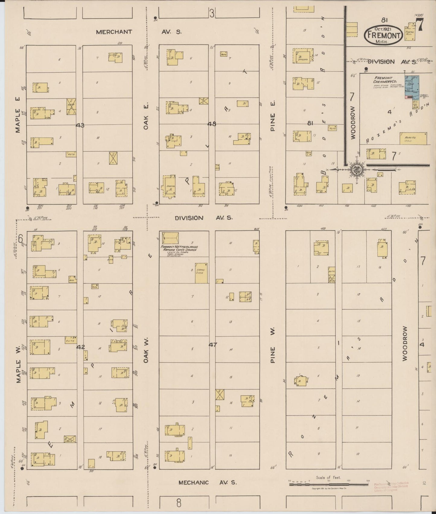 Sanborn Fire Insurance Map from Fremont, Newaygo County, Michigan (1921), Sheet #0007 - Historic Sanborn Fire Insurance Map Print, vintage old map wall art, antique decor, genealogy gift, Michigan Michigan map