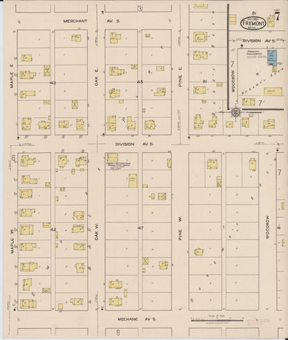 Sanborn Fire Insurance Map from Fremont, Newaygo County, Michigan (1921), Sheet #0007 - Historic Sanborn Fire Insurance Map Print, vintage old map wall art, antique decor, genealogy gift, Michigan Michigan map