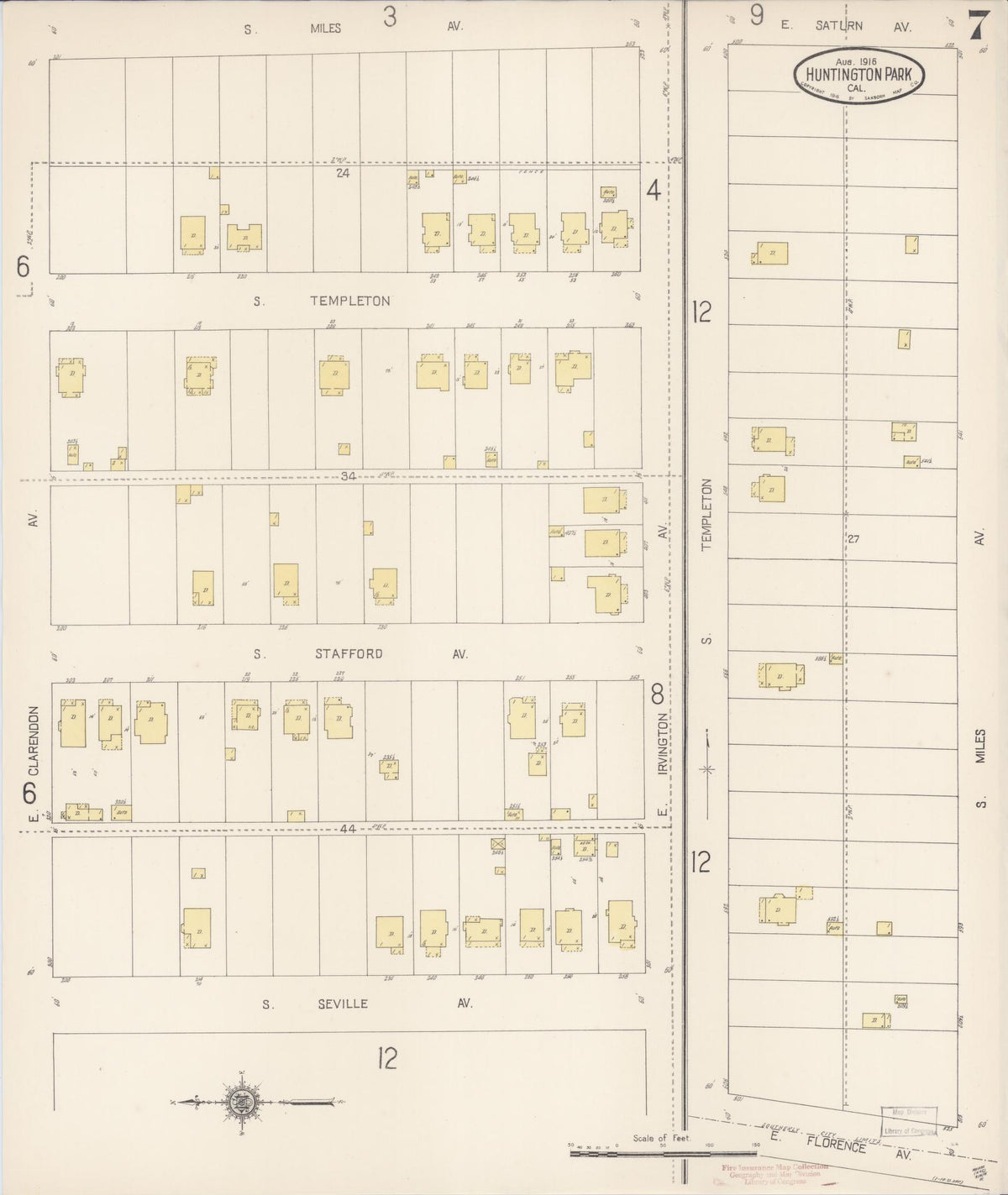 Sanborn Fire Insurance Map from Huntington Park, Los Angeles County, California (1916), Sheet #0007 - Complete Map Set gallery image, historic Sanborn map, vintage wall art, California California