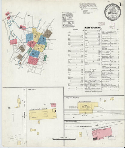 Sanborn Fire Insurance Map from Attleboro, Bristol County, Massachusetts (1905), Sheet #0001 - Historic Sanborn Fire Insurance Map Print, vintage old map wall art, antique decor, genealogy gift, Massachusetts Massachusetts map