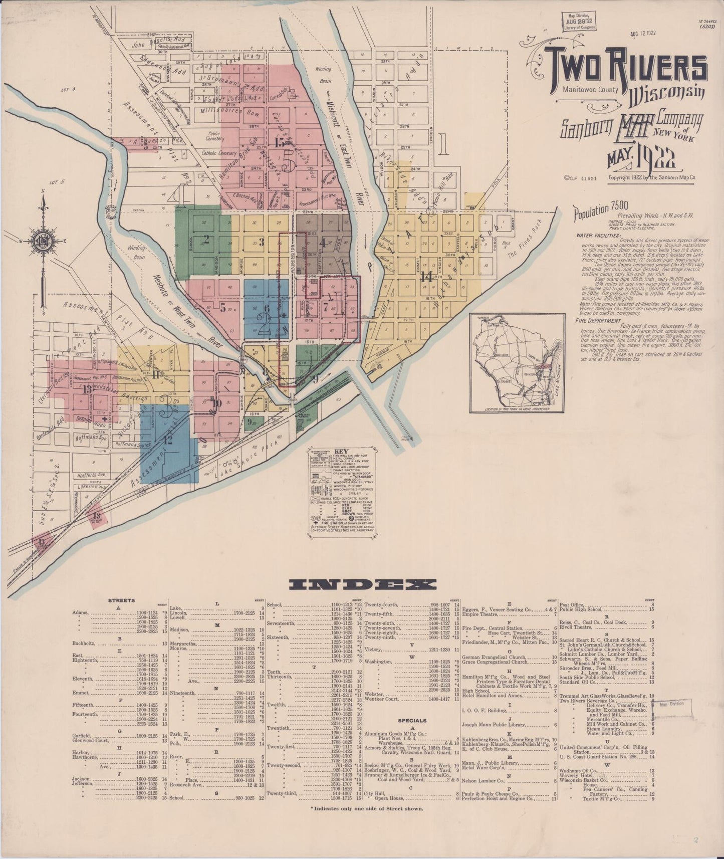Sanborn Fire Insurance Map from Two Rivers, Manitowoc County, Wisconsin (1922), Sheet #0001 - Historic Sanborn Fire Insurance Map Print, vintage old map wall art, antique decor, genealogy gift, Wisconsin Wisconsin map
