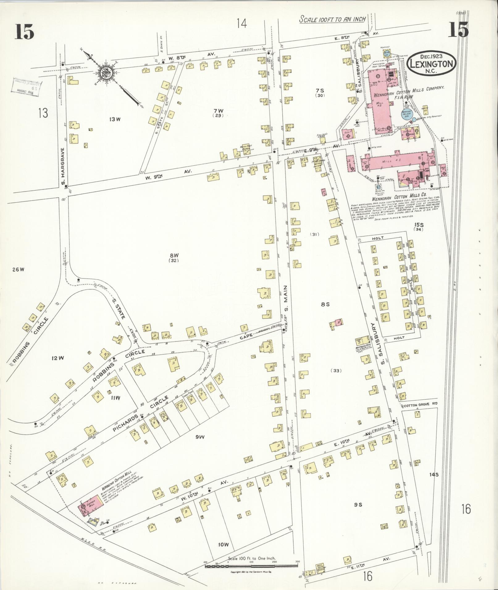Sanborn Fire Insurance Map from Lexington, Davidson County, North Carolina (1923), Sheet #0015 - Historic Sanborn Fire Insurance Map Print, vintage old map wall art, antique decor, genealogy gift, North Carolina North Carolina map