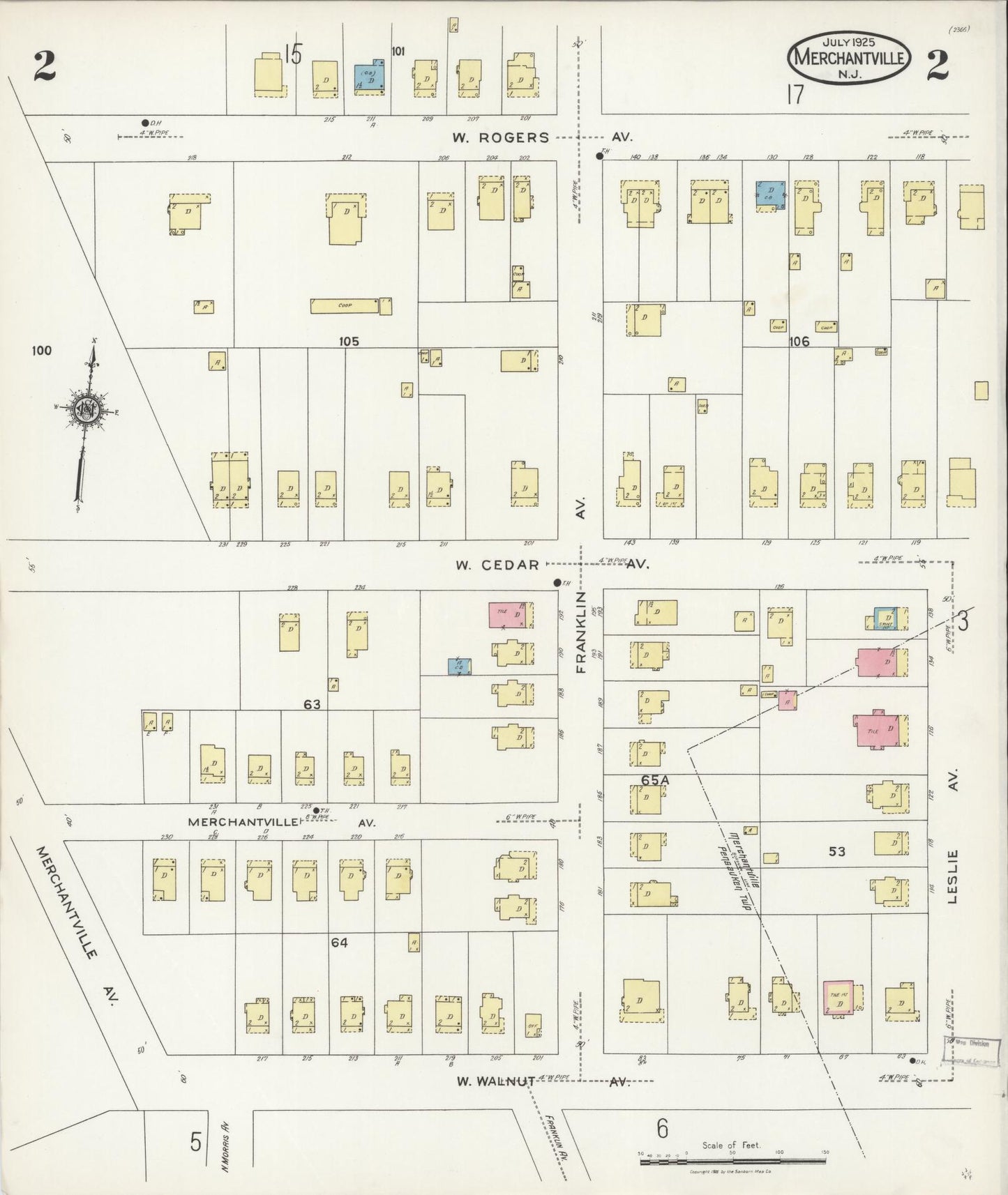 Sanborn Fire Insurance Map from Merchantville, Camden County, New Jersey (1925), Sheet #0002 - Historic Sanborn Fire Insurance Map Print, vintage old map wall art, antique decor, genealogy gift, New Jersey New Jersey map