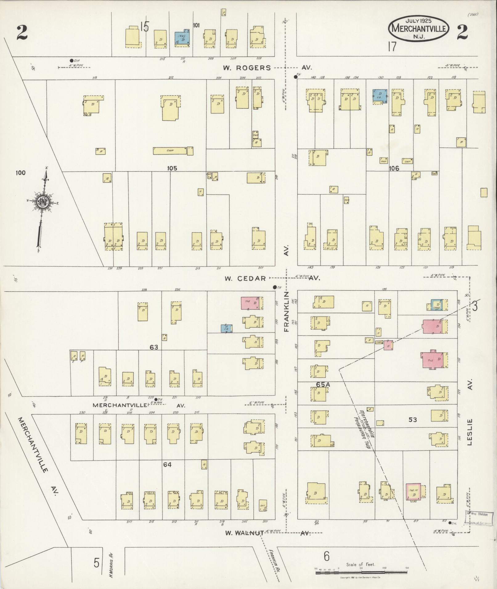 Sanborn Fire Insurance Map from Merchantville, Camden County, New Jersey (1925), Sheet #0002 - Historic Sanborn Fire Insurance Map Print, vintage old map wall art, antique decor, genealogy gift, New Jersey New Jersey map