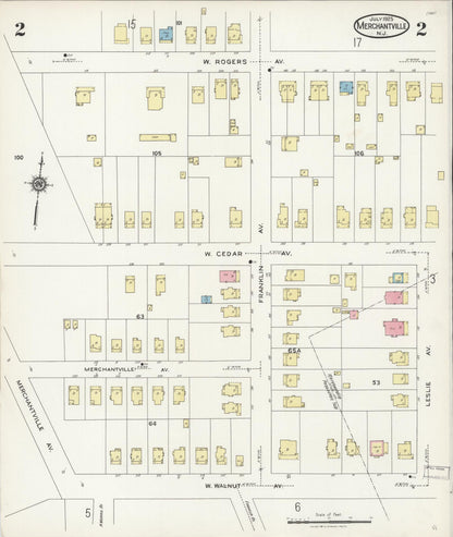 Sanborn Fire Insurance Map from Merchantville, Camden County, New Jersey (1925), Sheet #0002 - Historic Sanborn Fire Insurance Map Print, vintage old map wall art, antique decor, genealogy gift, New Jersey New Jersey map