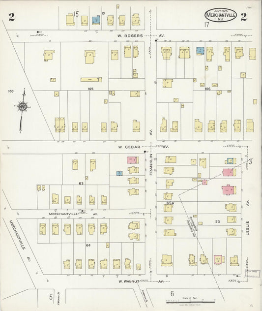 Sanborn Fire Insurance Map from Merchantville, Camden County, New Jersey (1925), Sheet #0002 - Historic Sanborn Fire Insurance Map Print, vintage old map wall art, antique decor, genealogy gift, New Jersey New Jersey map