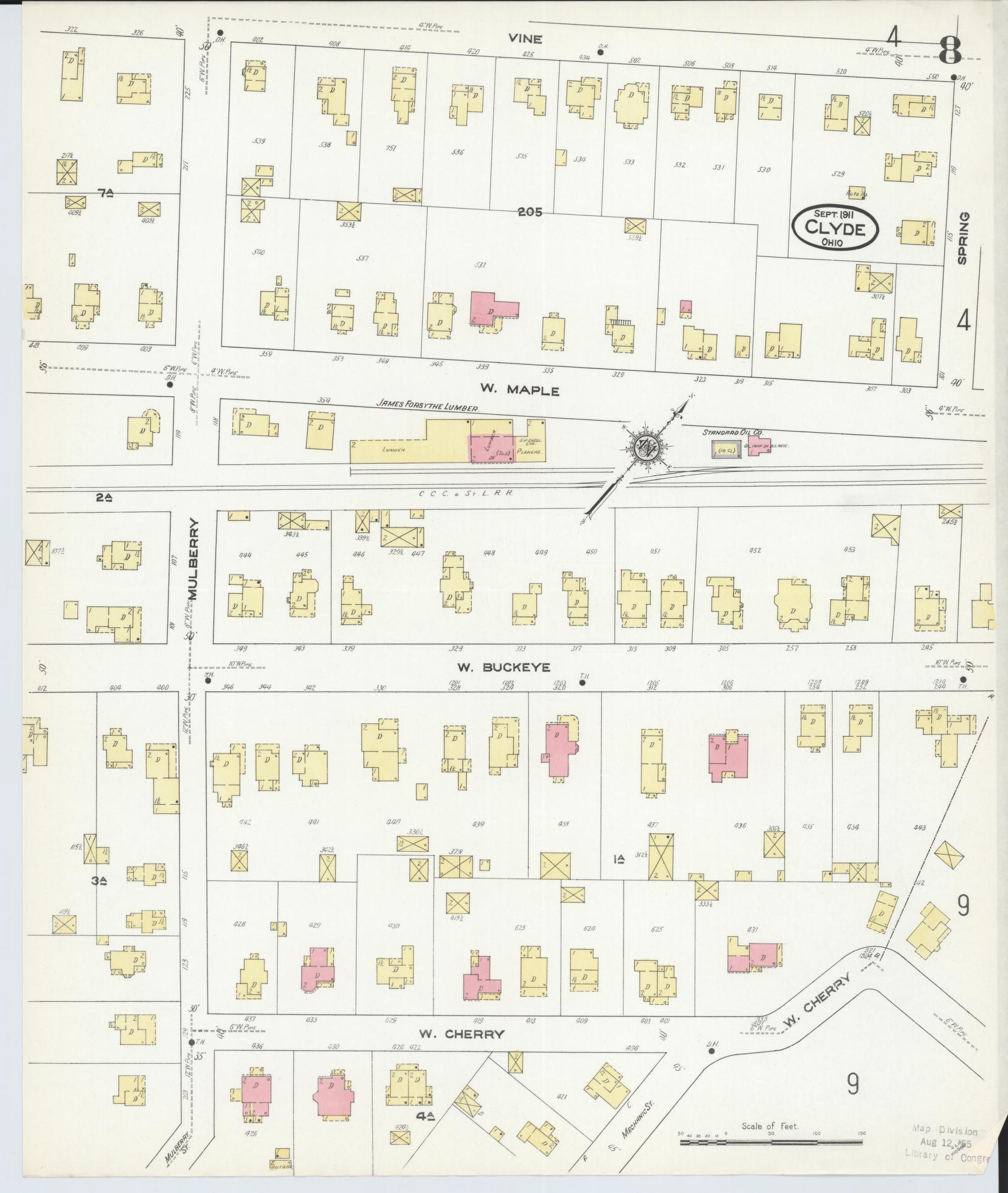 Sanborn Fire Insurance Map from Clyde, Sandusky County, Ohio (1911), Sheet #0008 - Historic Sanborn Fire Insurance Map Print, vintage old map wall art, antique decor, genealogy gift, Ohio Ohio map