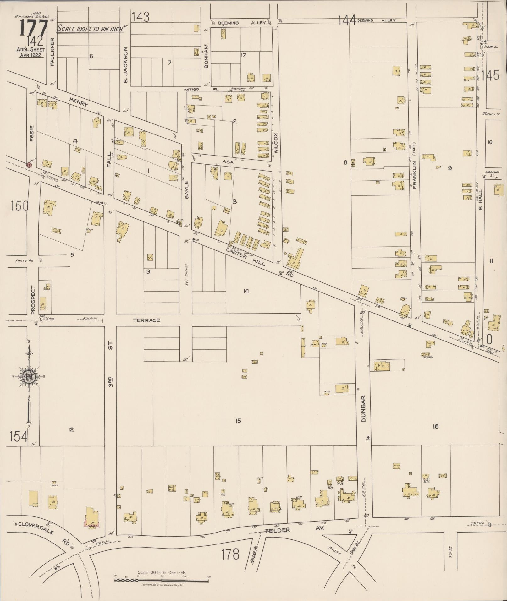 Sanborn Fire Insurance Map from Montgomery, Montgomery County, Alabama (1922), Sheet #0177 - Historic Sanborn Fire Insurance Map Print, vintage old map wall art, antique decor, genealogy gift, Alabama Alabama map