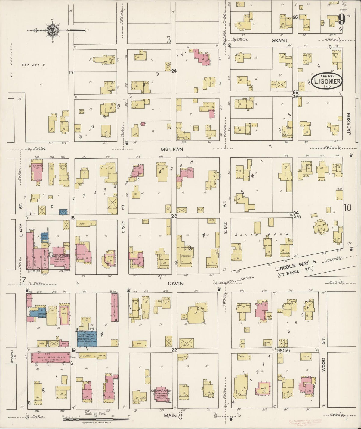 Sanborn Fire Insurance Map from Ligonier, Noble County, Indiana (1922), Sheet #0009 - Historic Sanborn Fire Insurance Map Print, vintage old map wall art, antique decor, genealogy gift, Indiana Indiana map