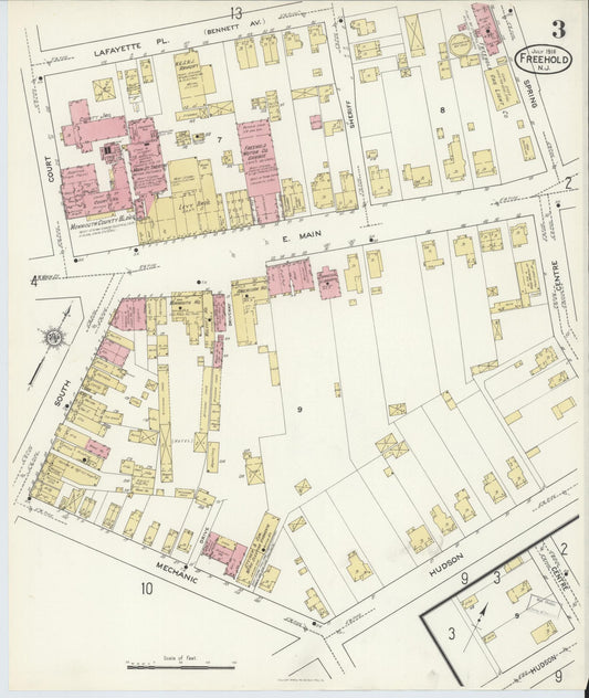 Sanborn Fire Insurance Map from Freehold, Monmouth County, New Jersey (1916), Sheet #0003 - Historic Sanborn Fire Insurance Map Print, vintage old map wall art, antique decor, genealogy gift, New Jersey New Jersey map