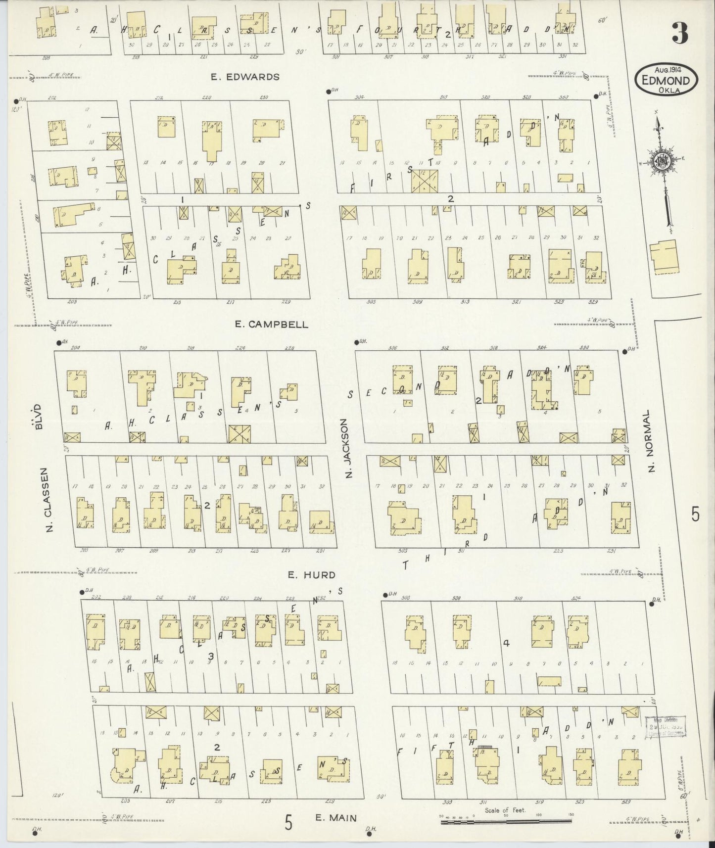 Sanborn Fire Insurance Map from Edmond, Oklahoma County, Oklahoma (1914), Sheet #0003 - Complete Map Set gallery image, historic Sanborn map, vintage wall art, Edmond Oklahoma