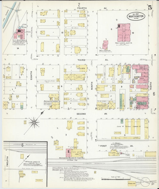 Sanborn Fire Insurance Map from Worthington, Nobles County, Minnesota (1907), Sheet #0005 - Historic Sanborn Fire Insurance Map Print, vintage old map wall art, antique decor, genealogy gift, Minnesota Minnesota map