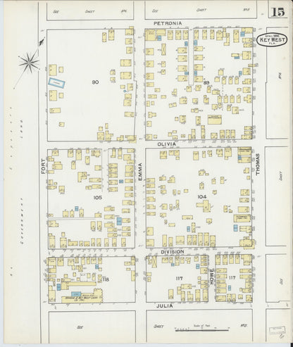 Sanborn Fire Insurance Map from Key West, Monroe County, Florida (1892), Sheet #0015 - Historic Sanborn Fire Insurance Map Print, vintage old map wall art, antique decor, genealogy gift, Florida Florida map