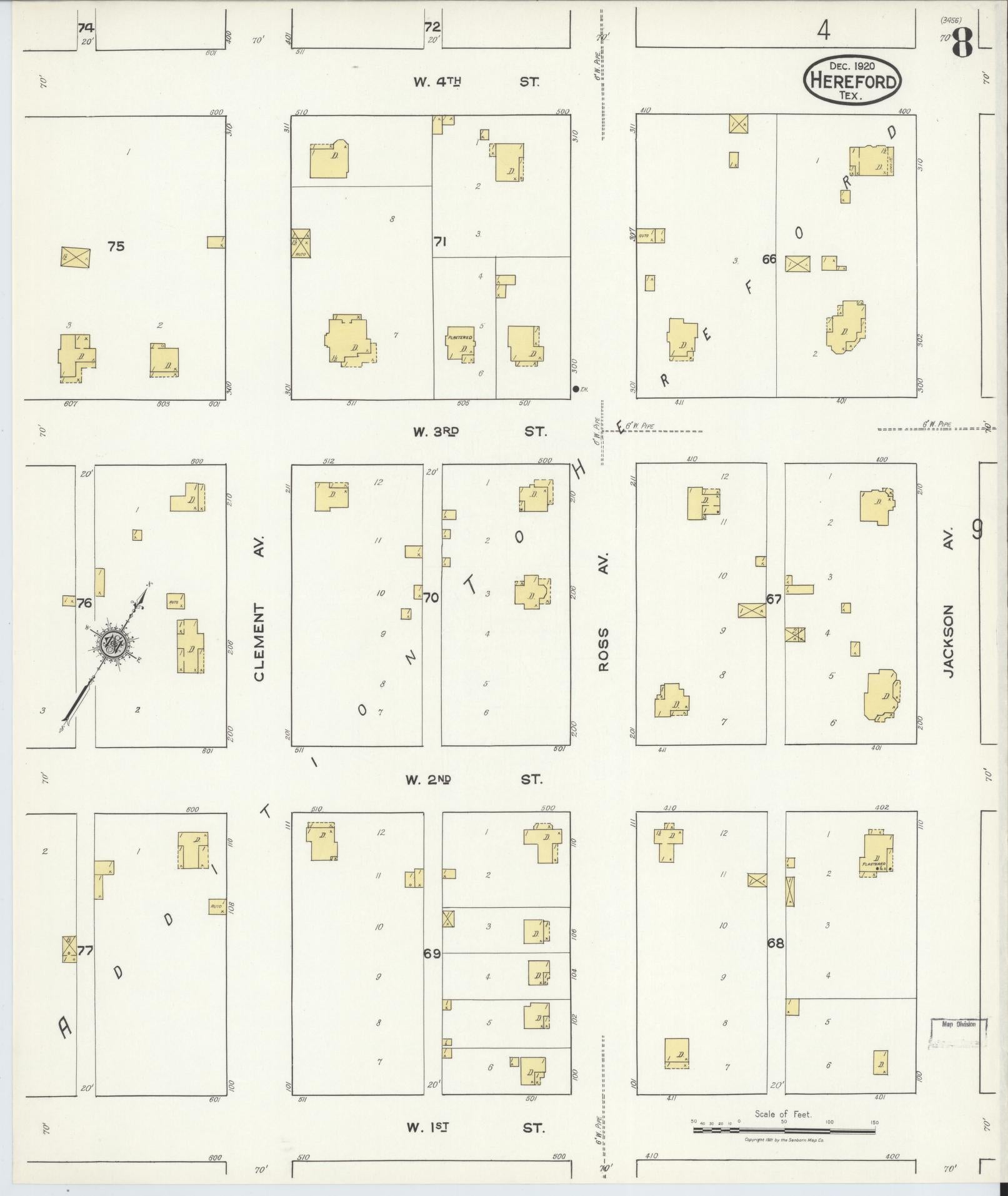 Sanborn Fire Insurance Map from Hereford, Deaf Smith County, Texas (1920), Sheet #0008 - Complete Map Set gallery image, historic Sanborn map, vintage wall art, Texas Texas