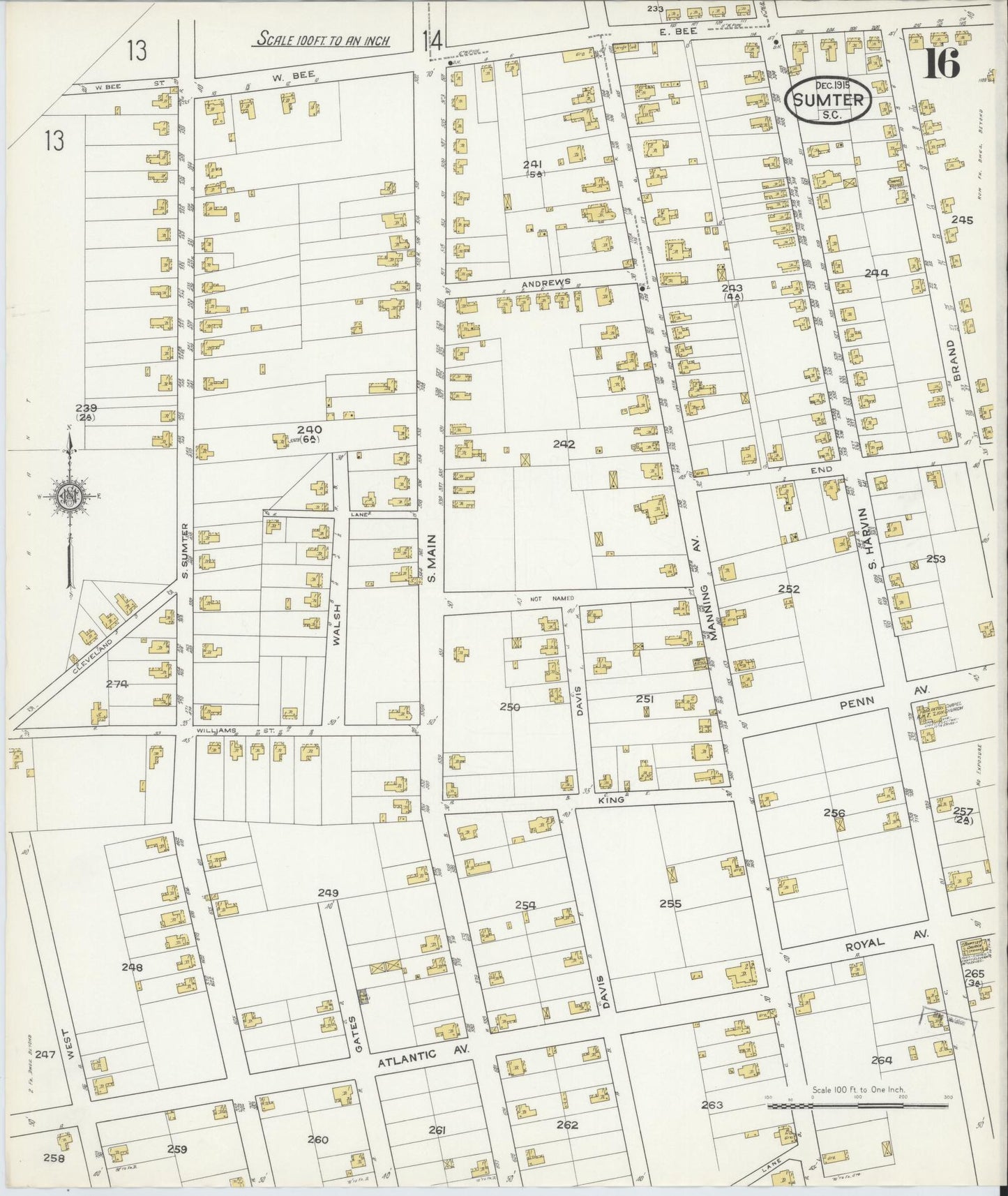 Sanborn Fire Insurance Map from Sumter, Sumter County, South Carolina (1915), Sheet #0016 - Historic Sanborn Fire Insurance Map Print, vintage old map wall art, antique decor, genealogy gift, South Carolina South Carolina map