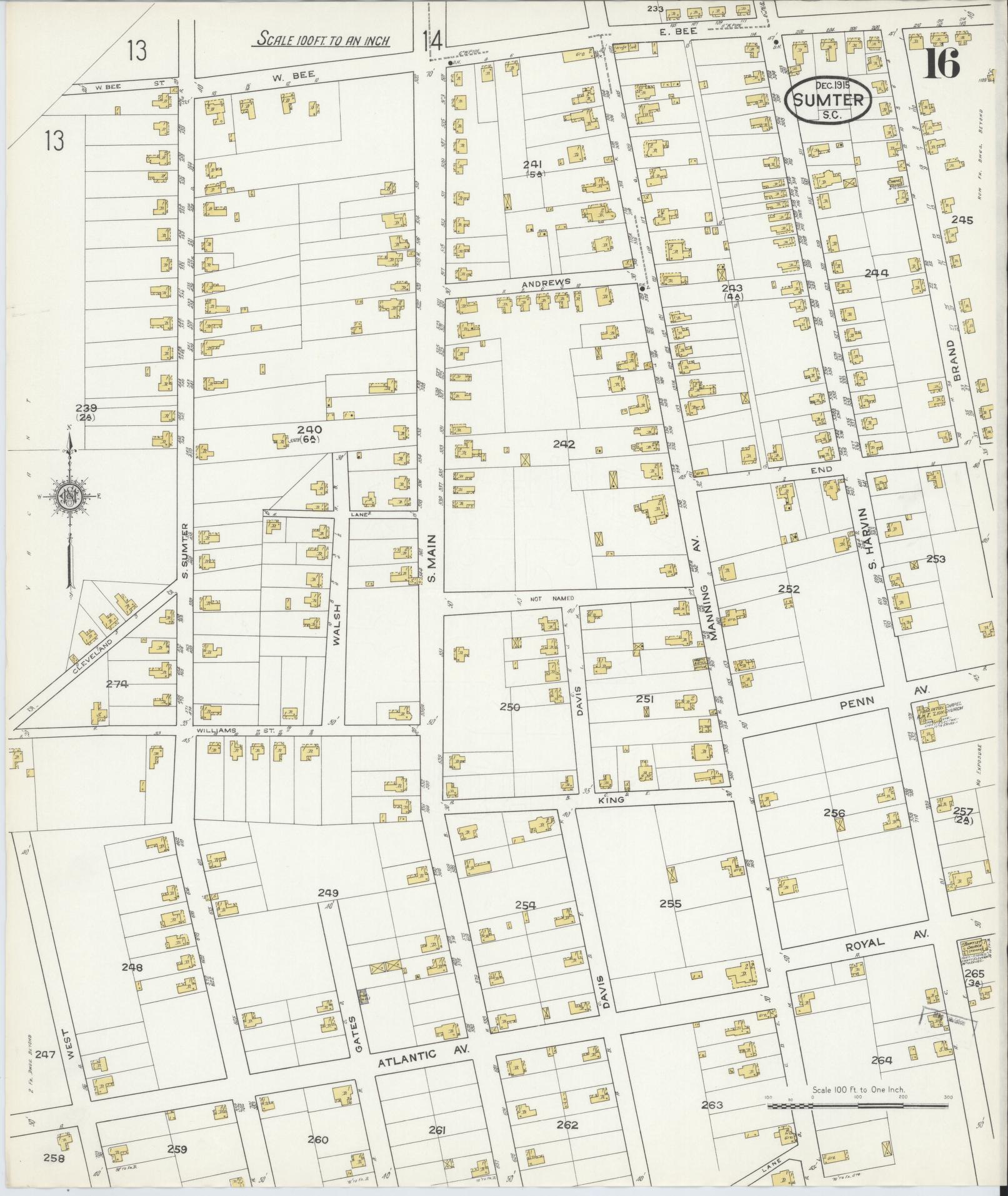 Sanborn Fire Insurance Map from Sumter, Sumter County, South Carolina (1915), Sheet #0016 - Historic Sanborn Fire Insurance Map Print, vintage old map wall art, antique decor, genealogy gift, South Carolina South Carolina map