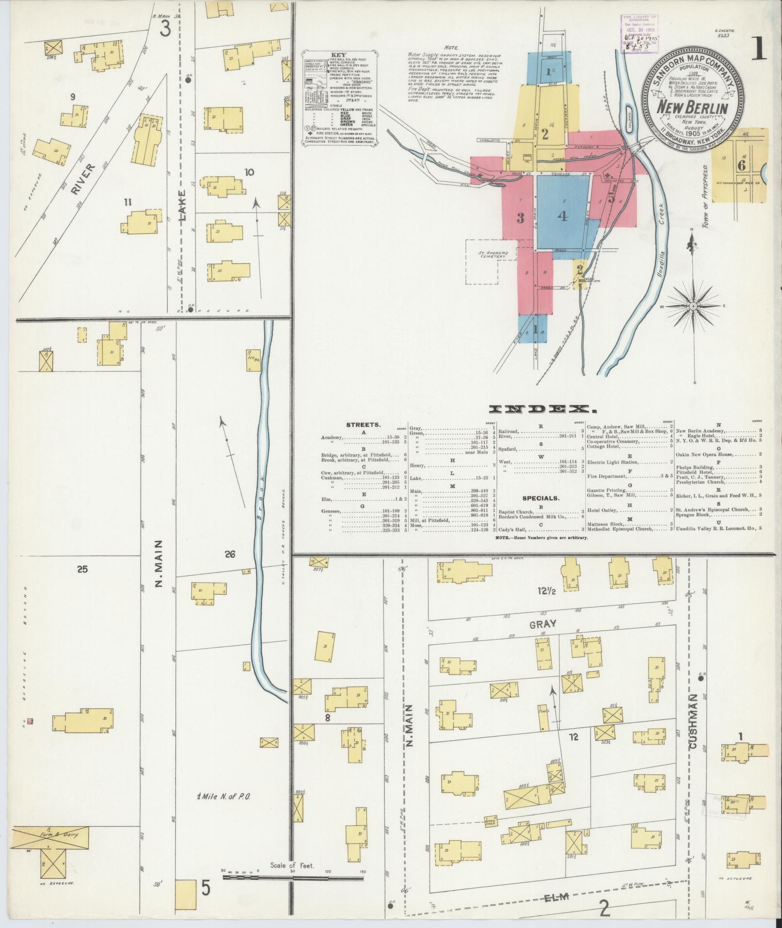 Sanborn Fire Insurance Map from New Berlin, Chenango County, New York (1905), Sheet #0001 - Complete Map Set gallery image, historic Sanborn map, vintage wall art, New York New York
