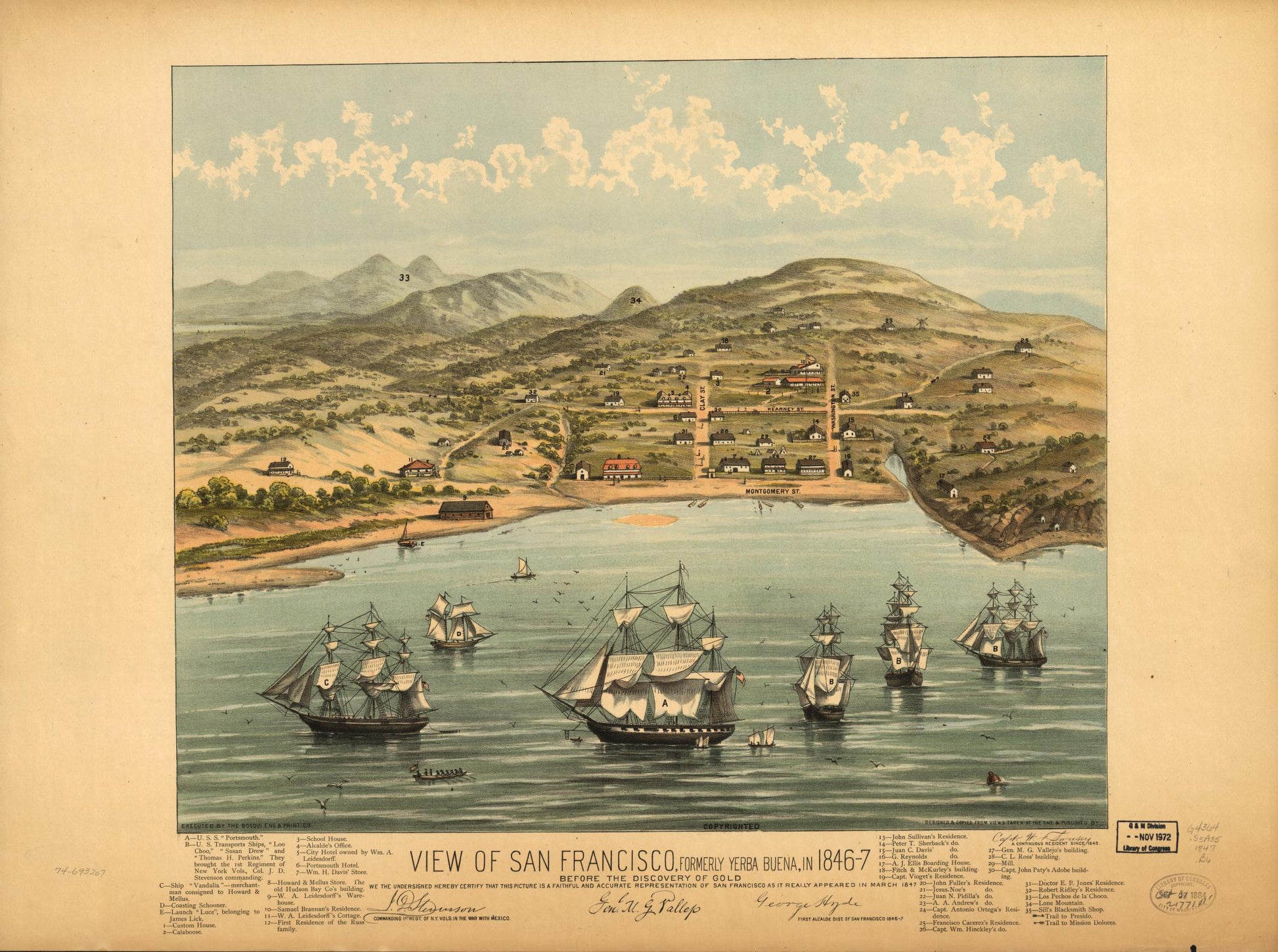 View of San Francisco, formerly Yerba Buena, in 1846-7 before the discovery of gold. (Unknown) – Historic Bird’s-Eye View Panorama Print