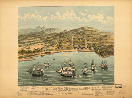View of San Francisco, formerly Yerba Buena, in 1846-7 before the discovery of gold. (Unknown) – Historic Bird’s-Eye View Panorama Print