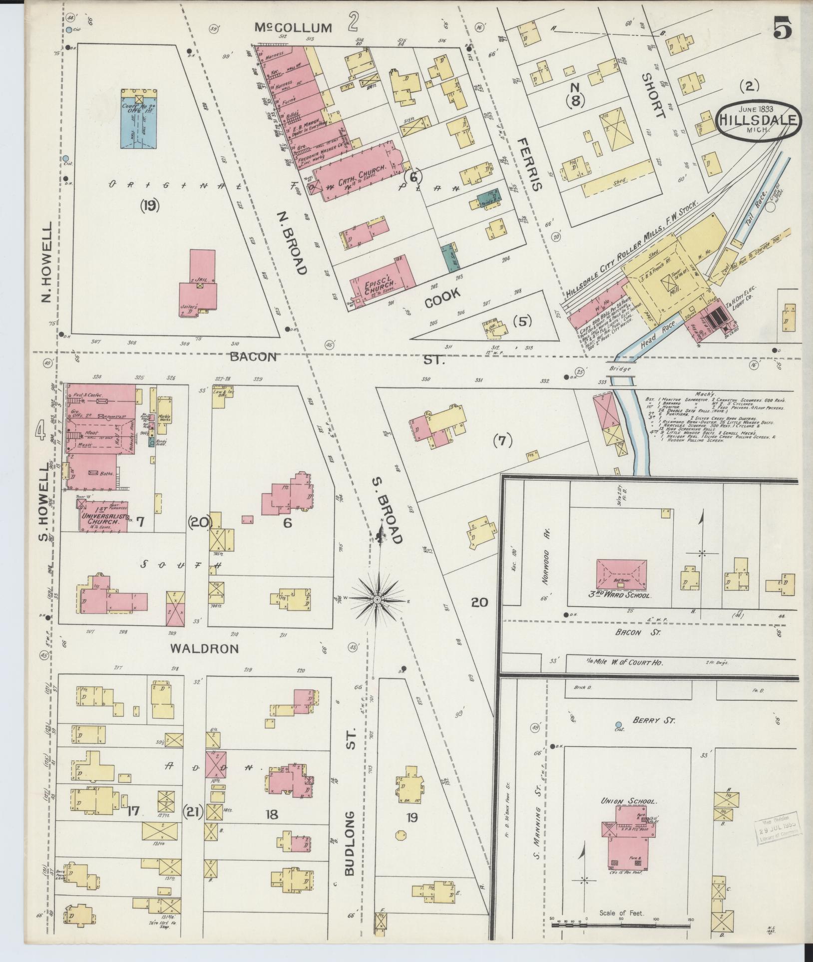 Sanborn Fire Insurance Map from Hillsdale, Hillsdale County, Michigan (1893), Sheet #0005 - Complete Map Set gallery image, historic Sanborn map, vintage wall art, Michigan Michigan