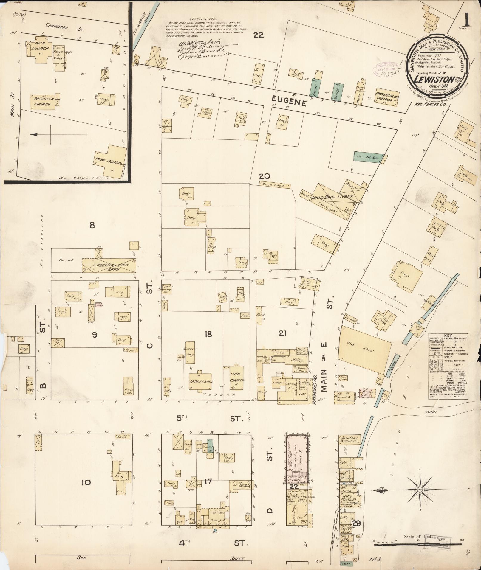 Sanborn Fire Insurance Map from Lewiston, Nez Perce County, Idaho (1888), Sheet #0001 - Complete Map Set gallery image, historic Sanborn map, vintage wall art, Idaho Idaho