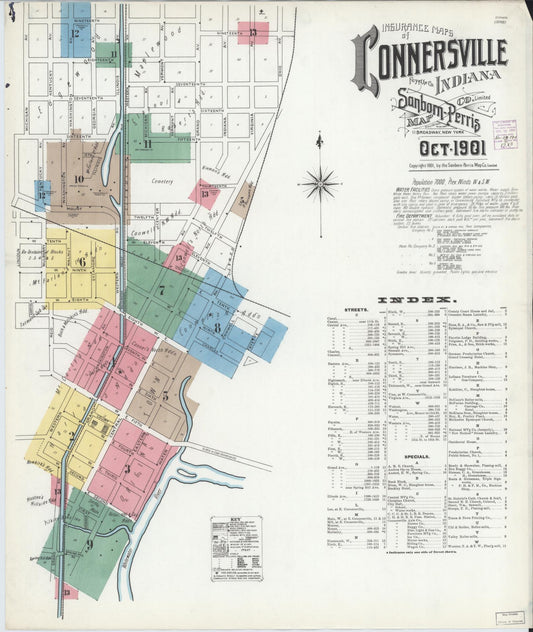 Sanborn Fire Insurance Map from Connersville, Fayette County, Indiana (1901), Sheet #0001 - Historic Sanborn Fire Insurance Map Print, vintage old map wall art, antique decor, genealogy gift, Indiana Indiana map
