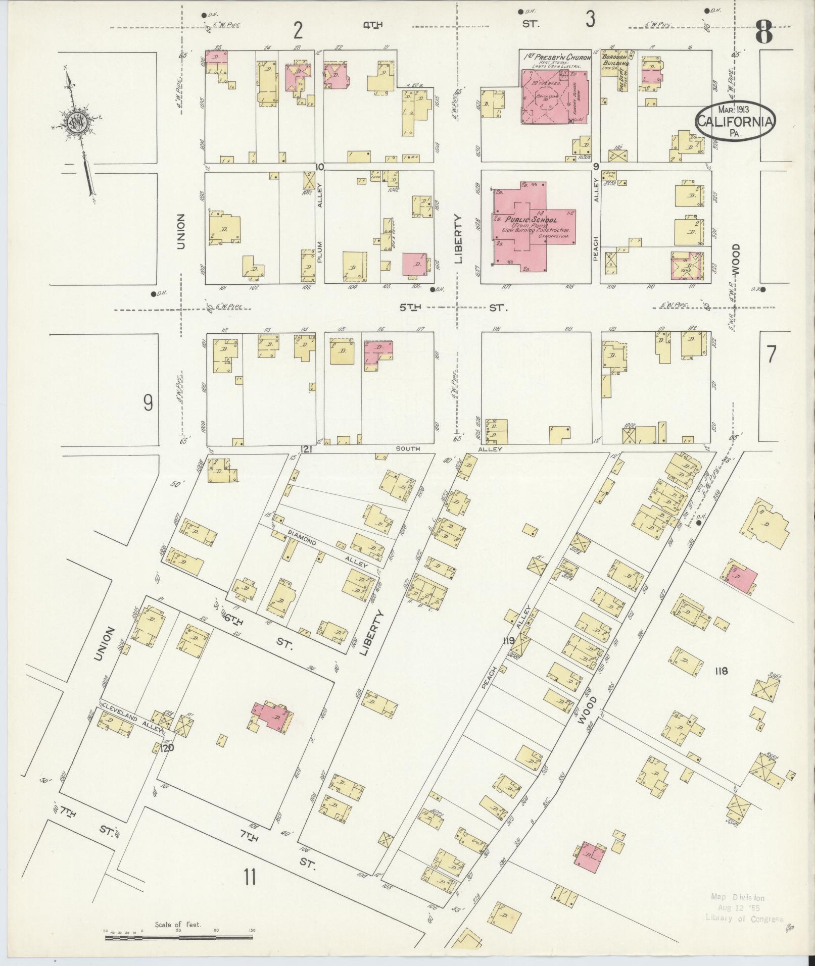 Sanborn Fire Insurance Map from California, Washington County, Pennsylvania (1913), Sheet #0008 - Historic Sanborn Fire Insurance Map Print, vintage old map wall art, antique decor, genealogy gift, Pennsylvania Pennsylvania map