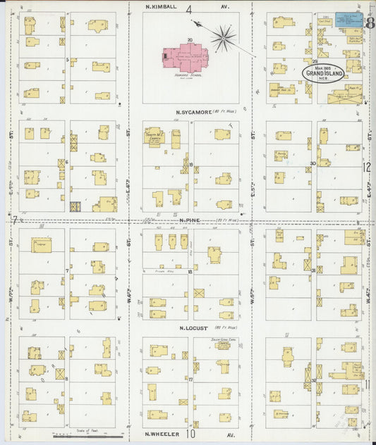 Sanborn Fire Insurance Map from Grand Island, Hall County, Nebraska (1905), Sheet #0008 - Historic Sanborn Fire Insurance Map Print, vintage old map wall art, antique decor, genealogy gift, Nebraska Nebraska map