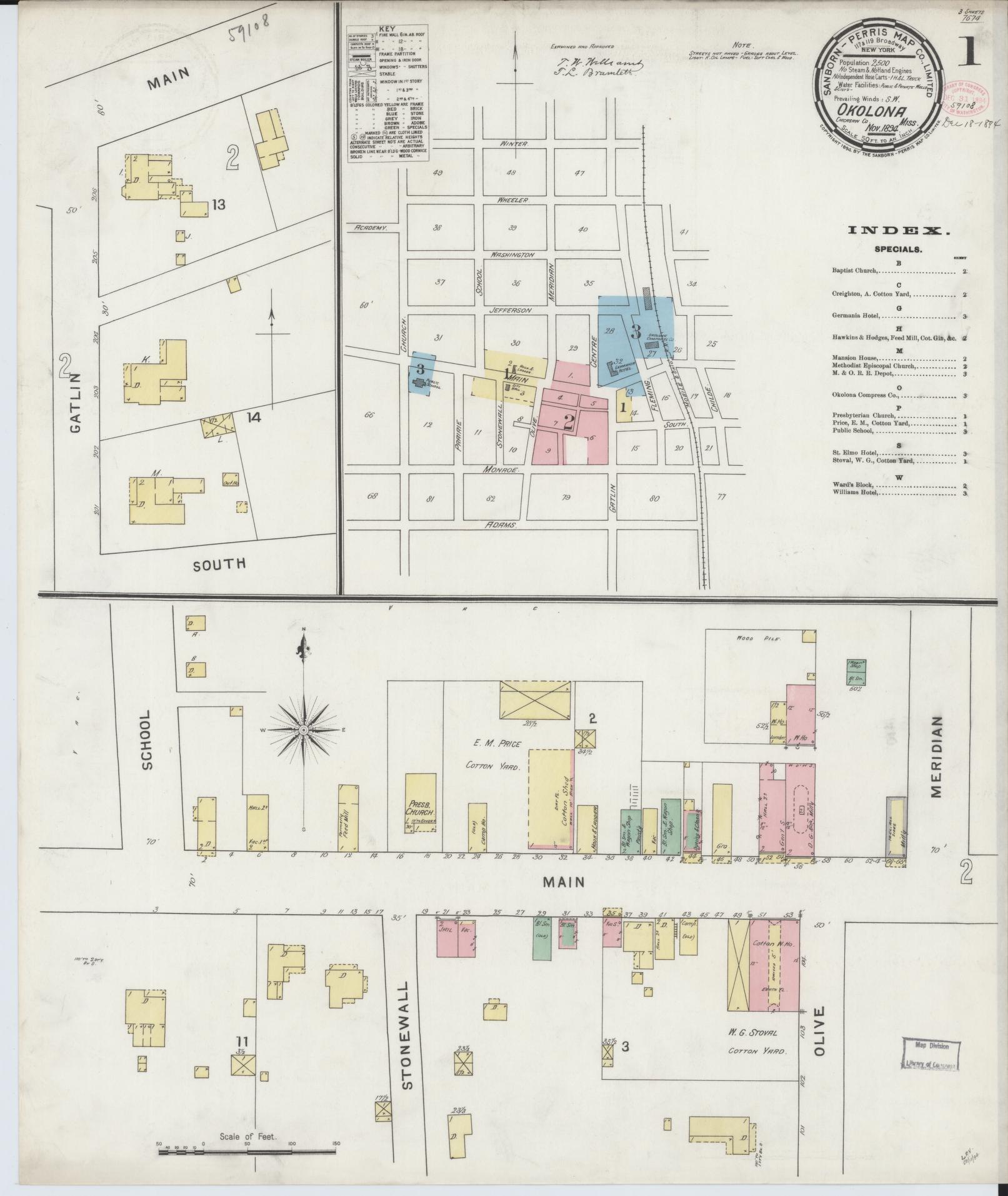 Sanborn Fire Insurance Map from Okolona, Chickasaw County, Mississippi (1894), Sheet #0001 - Historic Sanborn Fire Insurance Map Print, vintage old map wall art, antique decor, genealogy gift, Mississippi Mississippi map