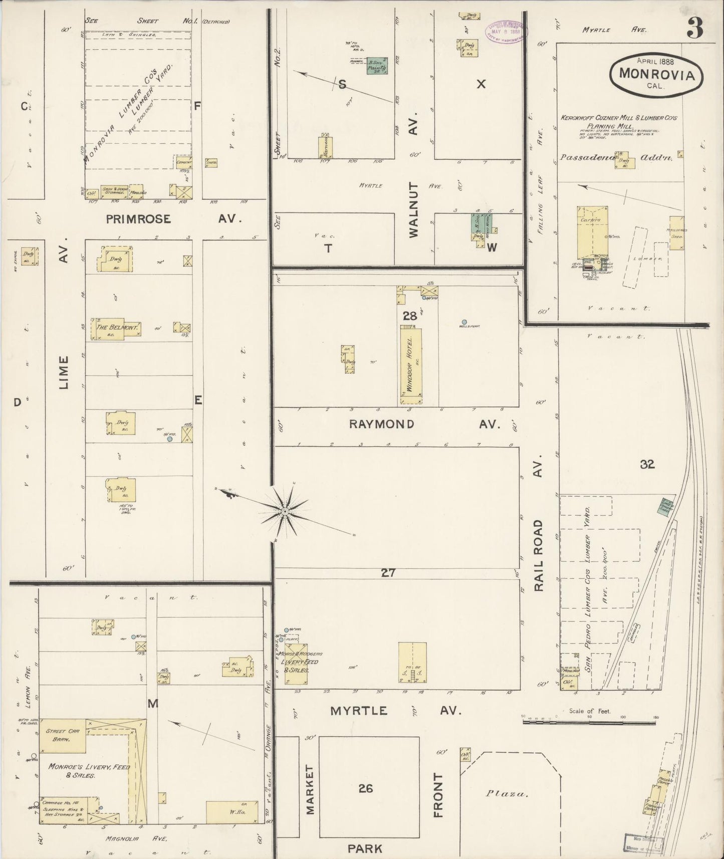 Sanborn Fire Insurance Map from Monrovia, Los Angeles County, California (1888), Sheet #0003 - Historic Sanborn Fire Insurance Map Print, vintage old map wall art, antique decor, genealogy gift, California California map