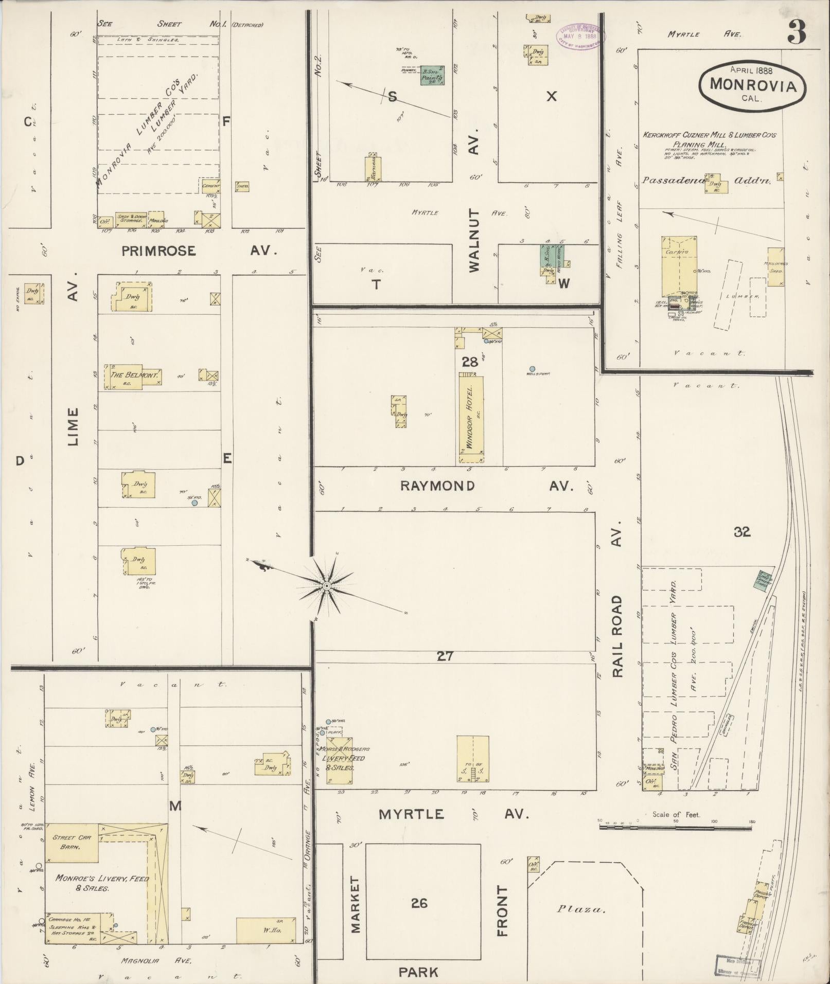 Sanborn Fire Insurance Map from Monrovia, Los Angeles County, California (1888), Sheet #0003 - Historic Sanborn Fire Insurance Map Print, vintage old map wall art, antique decor, genealogy gift, California California map