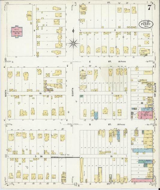 Sanborn Fire Insurance Map from Perry, Noble County, Oklahoma (1907), Sheet #0007 - Historic Sanborn Fire Insurance Map Print, vintage old map wall art, antique decor, genealogy gift, Oklahoma Oklahoma map