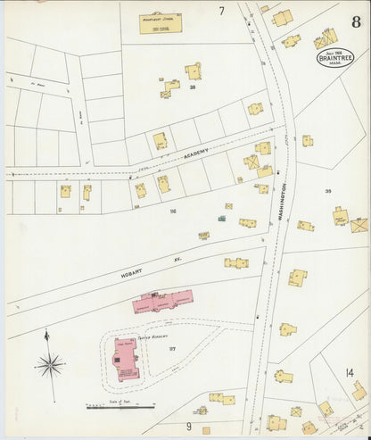 Sanborn Fire Insurance Map from Braintree, Norfolk County, Massachusetts (1906), Sheet #0008 - Historic Sanborn Fire Insurance Map Print, vintage old map wall art, antique decor, genealogy gift, Massachusetts Massachusetts map
