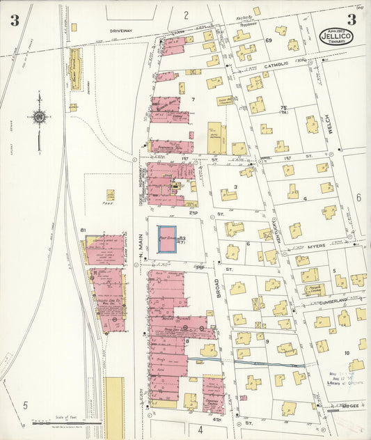 Sanborn Fire Insurance Map from Jellico, Whitley County, Ky., and Campbell County, Tenna, Kentucky (1923), Sheet #0003 - Historic Sanborn Fire Insurance Map Print, vintage old map wall art, antique decor, genealogy gift, Kentucky Kentucky map