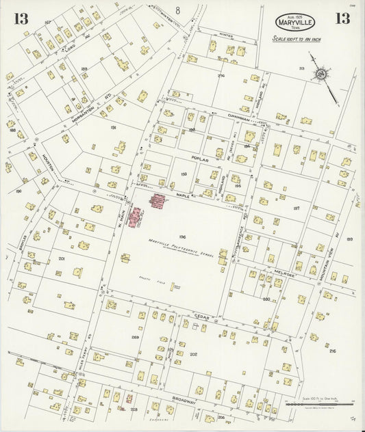 Sanborn Fire Insurance Map from Maryville, Blount County, Tennessee (1925), Sheet #0013 - Historic Sanborn Fire Insurance Map Print, vintage old map wall art, antique decor, genealogy gift, Tennessee Tennessee map