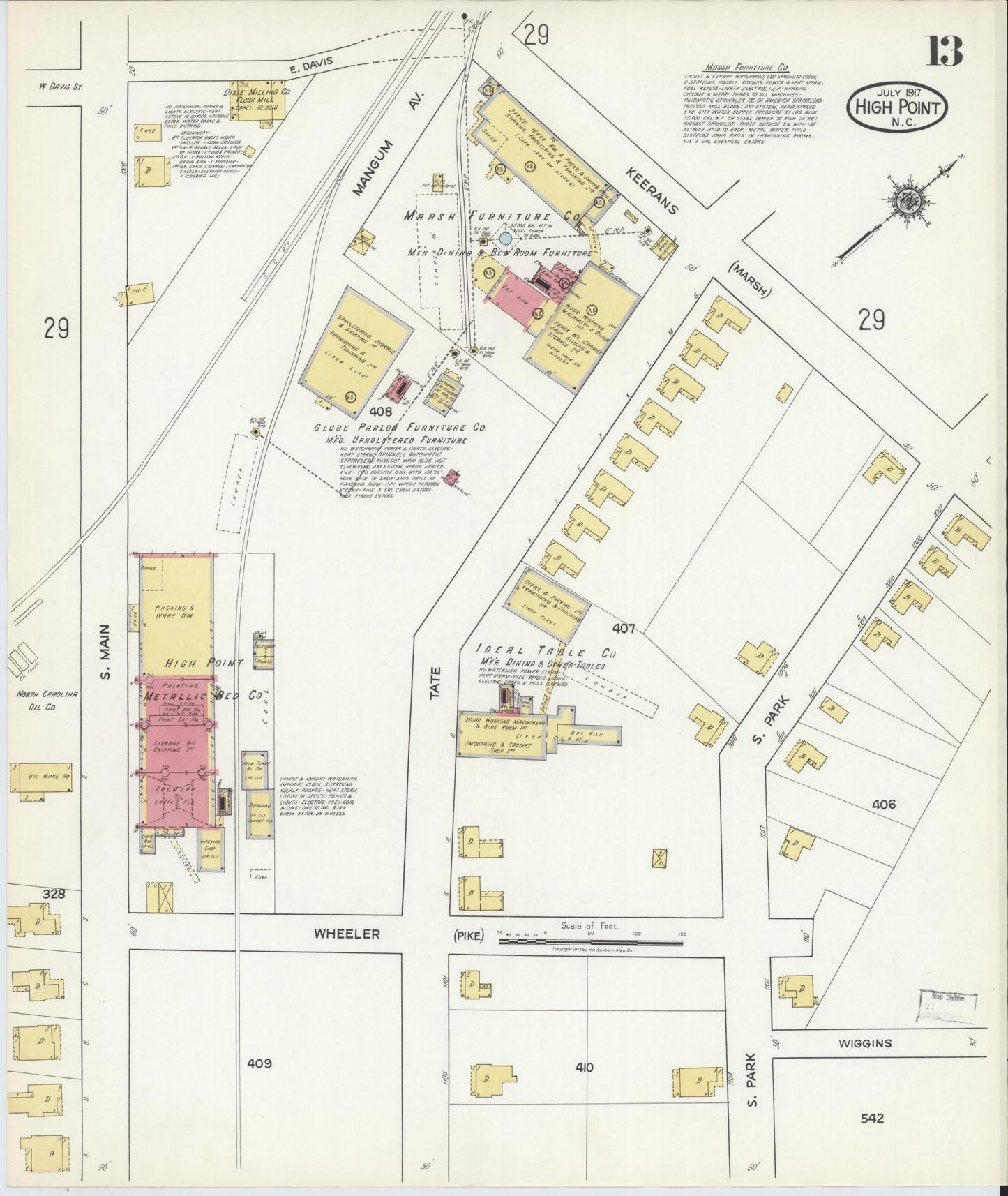 Sanborn Fire Insurance Map from High Point, Guilford County, North Carolina (1917), Sheet #0013 - Complete Map Set gallery image, historic Sanborn map, vintage wall art, North Carolina North Carolina