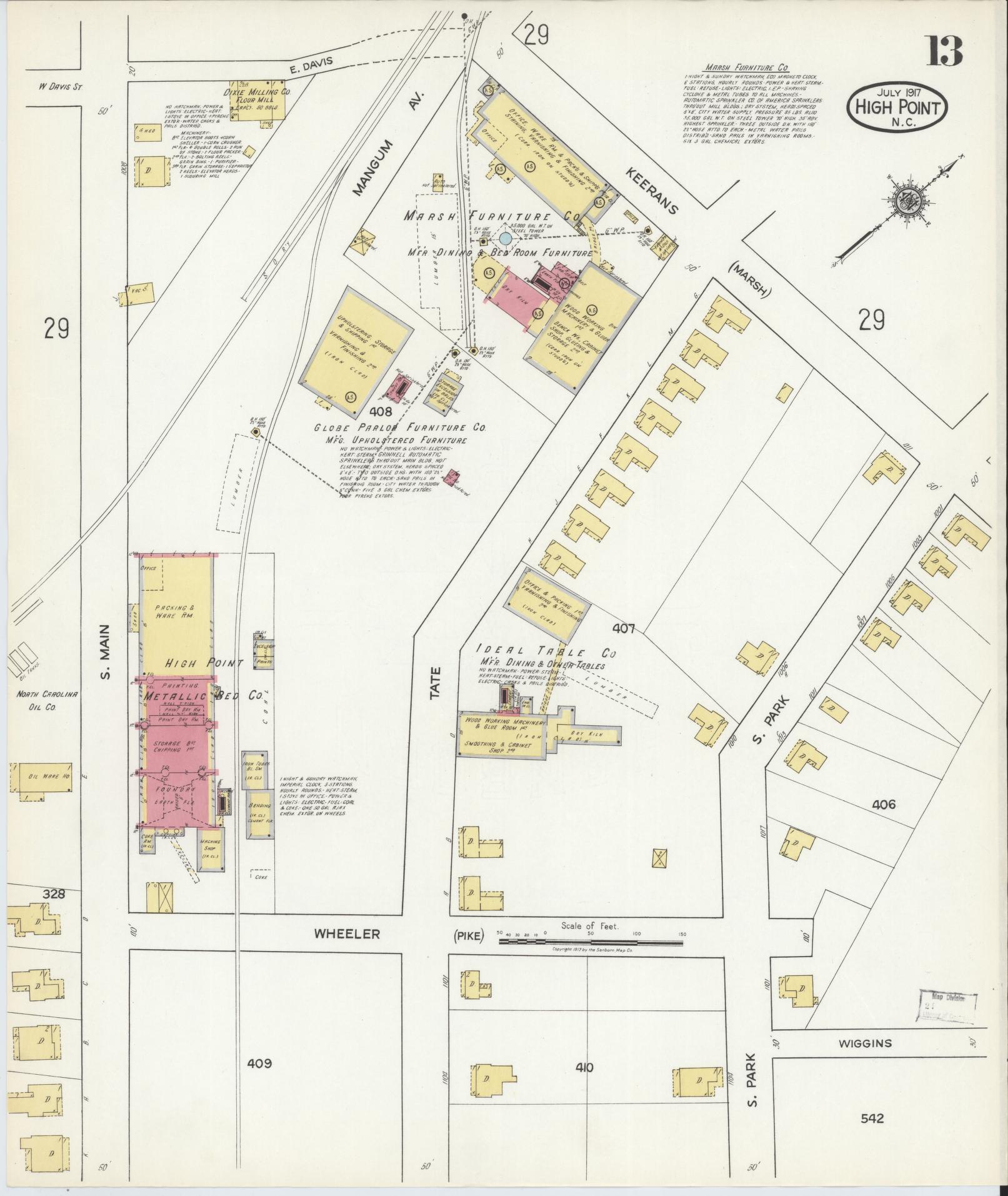 Sanborn Fire Insurance Map from High Point, Guilford County, North Carolina (1917), Sheet #0013 - Complete Map Set gallery image, historic Sanborn map, vintage wall art, North Carolina North Carolina