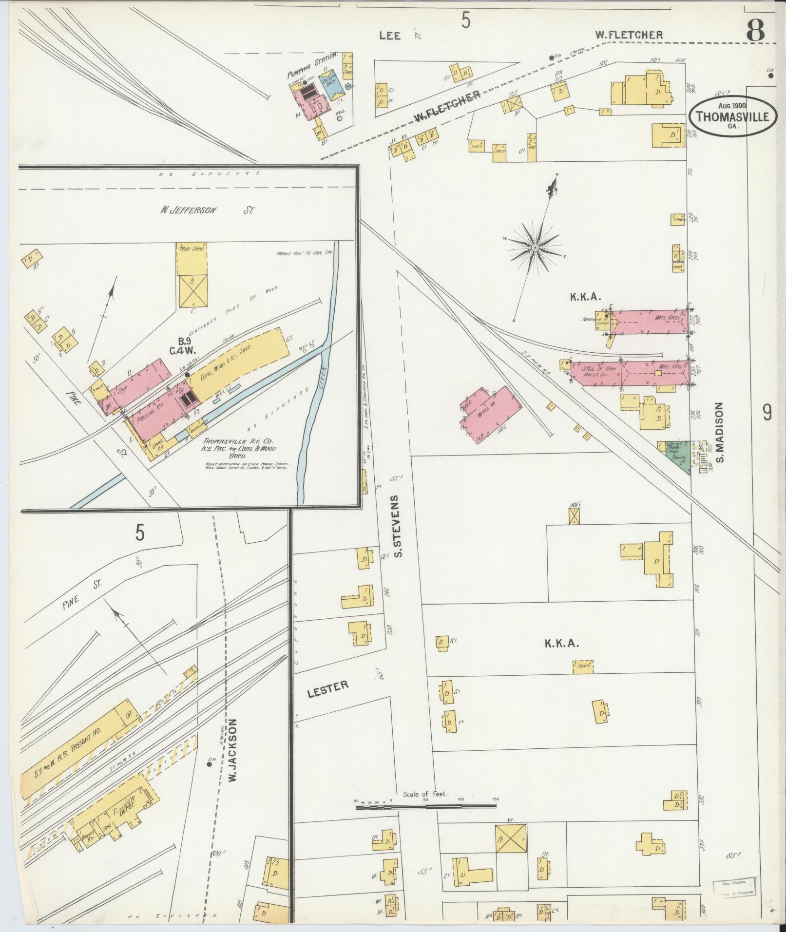Sanborn Fire Insurance Map from Thomasville, Thomas County, Georgia (1900), Sheet #0008 - Historic Sanborn Fire Insurance Map Print, vintage old map wall art, antique decor, genealogy gift, Georgia Georgia map