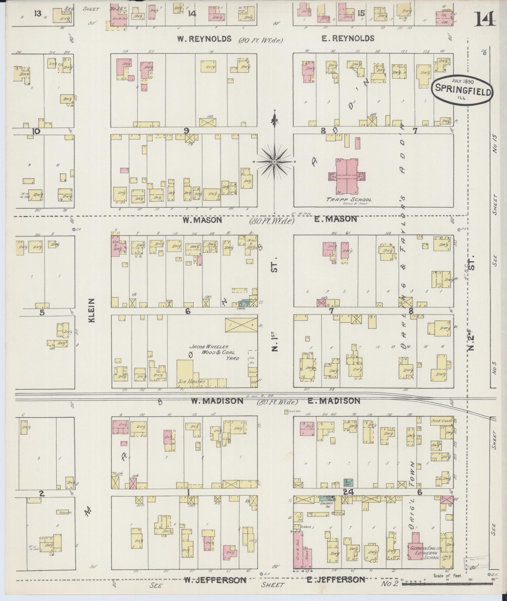 Sanborn Fire Insurance Map from Springfield, Sangamon County, Illinois (1890), Sheet #0014 - Complete Map Set gallery image, historic Sanborn map, vintage wall art, Illinois Illinois