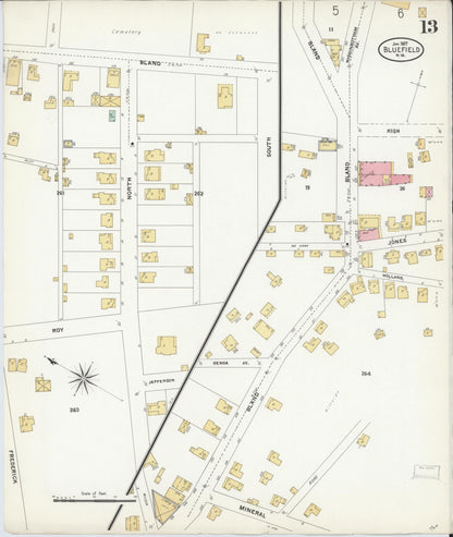 Sanborn Fire Insurance Map from Bluefield, Mercer County, West Virginia (1907), Sheet #0013 - Complete Map Set gallery image, historic Sanborn map, vintage wall art, West Virginia West Virginia