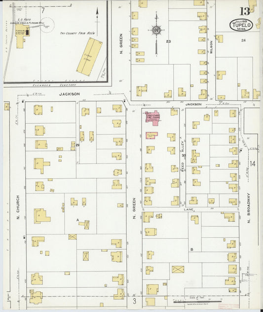 Sanborn Fire Insurance Map from Tupelo, Lee County, Mississippi (1919), Sheet #0013 - Historic Sanborn Fire Insurance Map Print, vintage old map wall art, antique decor, genealogy gift, Mississippi Mississippi map