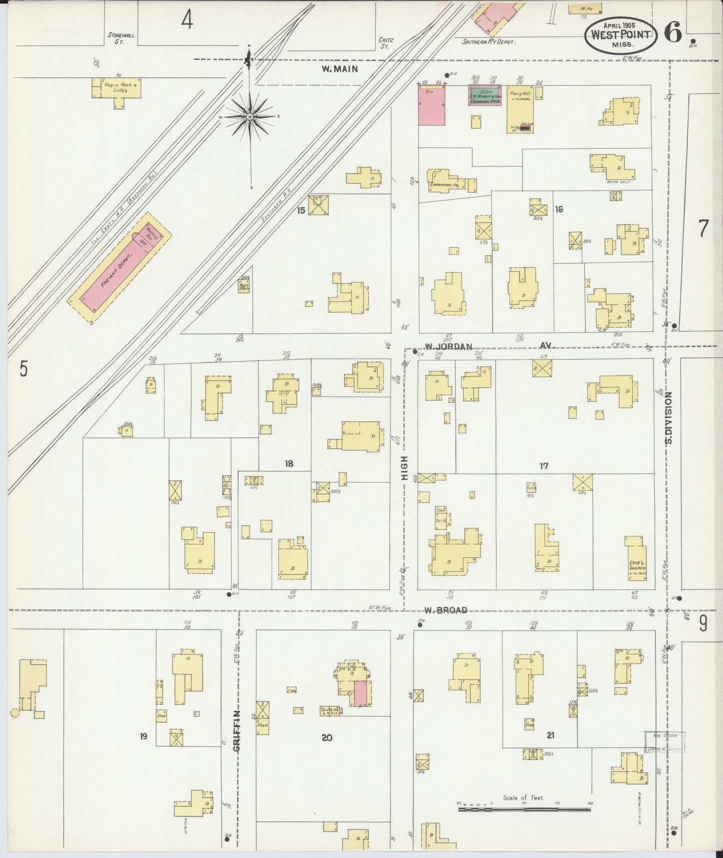 Sanborn Fire Insurance Map from West Point, Clay County, Mississippi (1905), Sheet #0006 - Complete Map Set gallery image, historic Sanborn map, vintage wall art, Mississippi Mississippi
