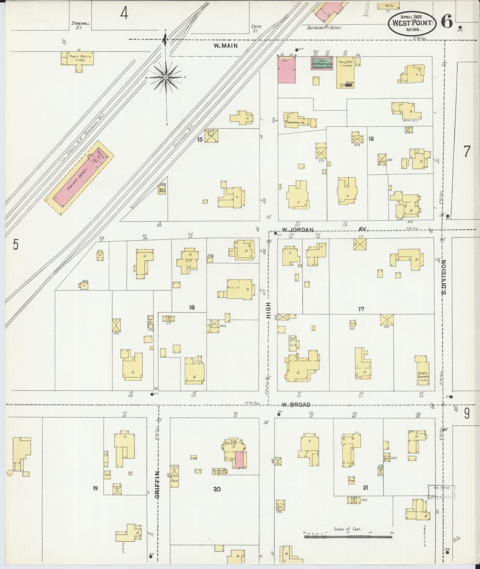Sanborn Fire Insurance Map from West Point, Clay County, Mississippi (1905), Sheet #0006 - Complete Map Set gallery image, historic Sanborn map, vintage wall art, Mississippi Mississippi