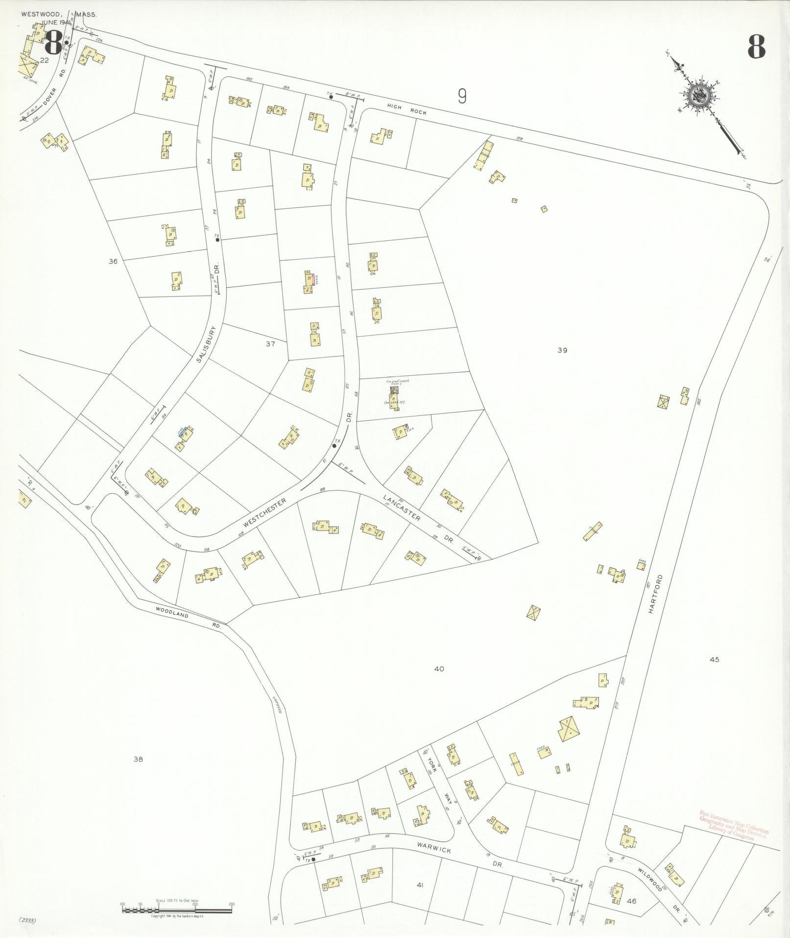 Sanborn Fire Insurance Map from Westwood, Norfolk County, Massachusetts (1941), Sheet #0008 - Complete Map Set gallery image, historic Sanborn map, vintage wall art, Massachusetts Massachusetts