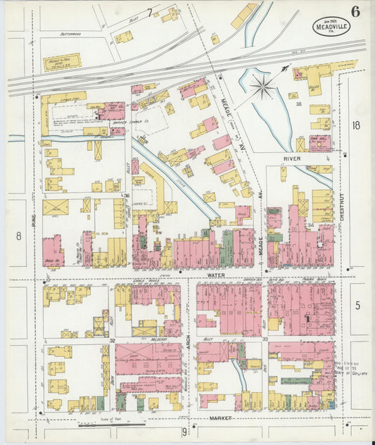 Sanborn Fire Insurance Map from Meadville, Crawford County, Pennsylvania (1901), Sheet #0006 - Historic Sanborn Fire Insurance Map Print, vintage old map wall art, antique decor, genealogy gift, Pennsylvania Pennsylvania map