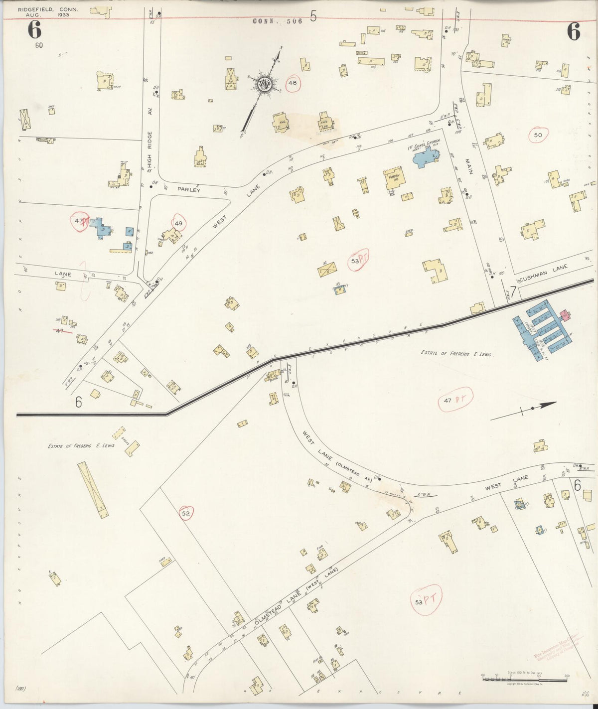 Sanborn Fire Insurance Map from Ridgefield, Fairfield County, Connecticut (1940), Sheet #0006 - Historic Sanborn Fire Insurance Map Print, vintage old map wall art, antique decor, genealogy gift, Connecticut Connecticut map