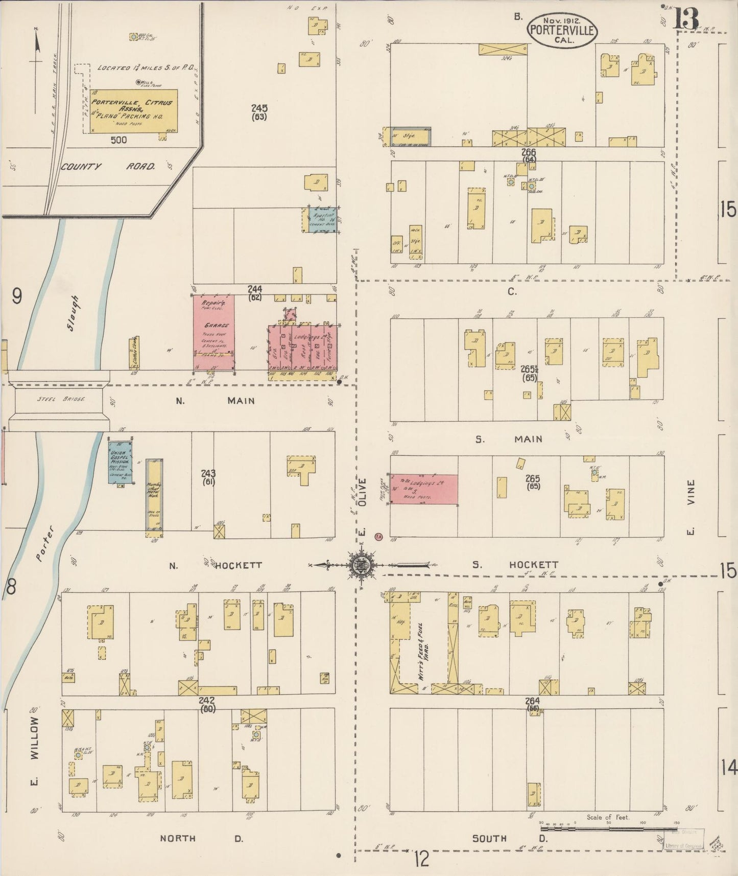 Sanborn Fire Insurance Map from Porterville, Tulare County, California (1912), Sheet #0013 - Complete Map Set gallery image, historic Sanborn map, vintage wall art, California California