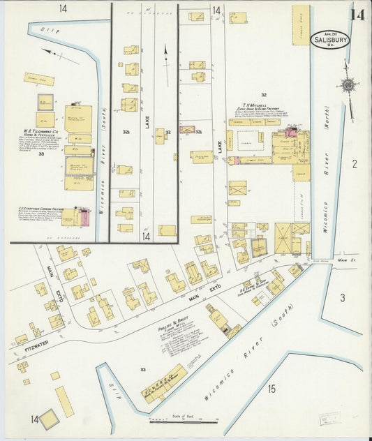 Sanborn Fire Insurance Map from Salisbury, Wicomico County, Maryland (1911), Sheet #0014 - Historic Sanborn Fire Insurance Map Print, vintage old map wall art, antique decor, genealogy gift, Maryland Maryland map